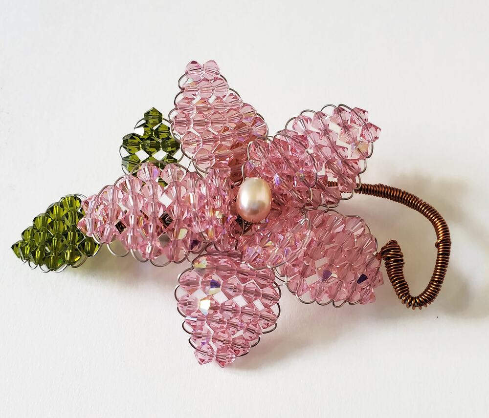 Vintage Mindy Lam Pink & Green Crystal Flower Beaded Brooch Pin Signed